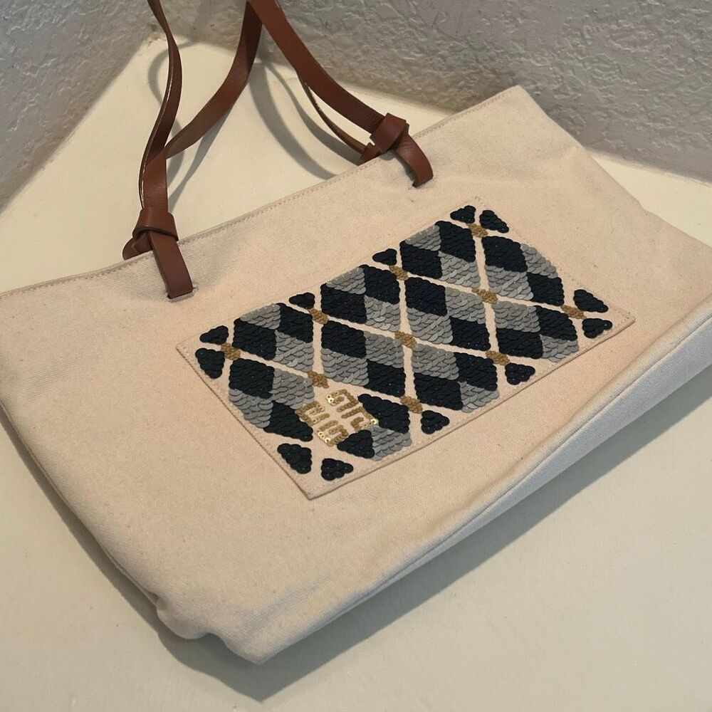 Givenchy Canvas Tote Bag Silver Gold Blue Sequin Dimond Panel Coastal Resortwear - Picture 5 of 16